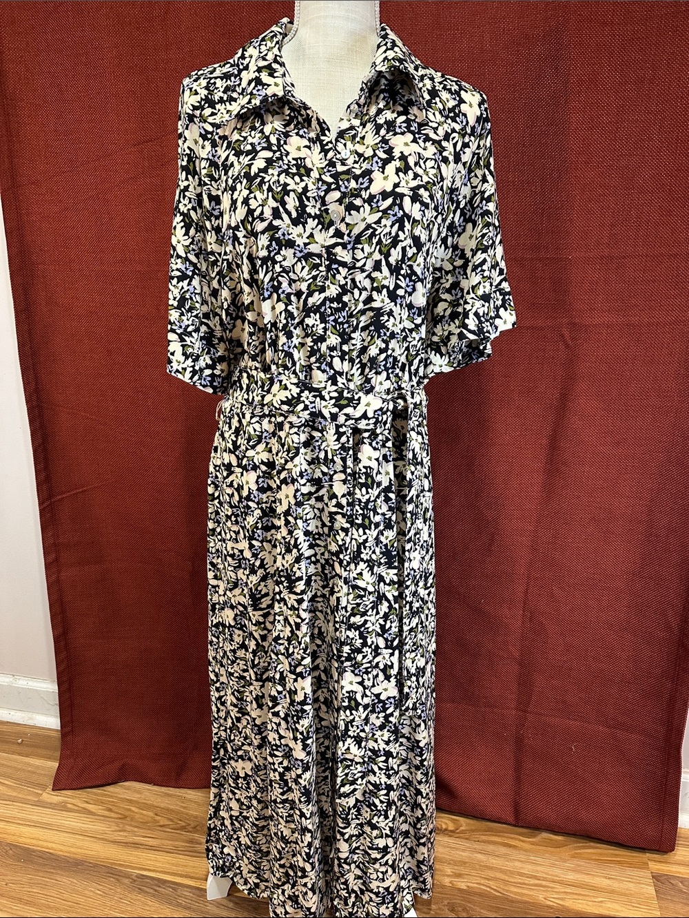 H&M Navy and Cream Floral Button-Front Maxi Dress with Tie Waist